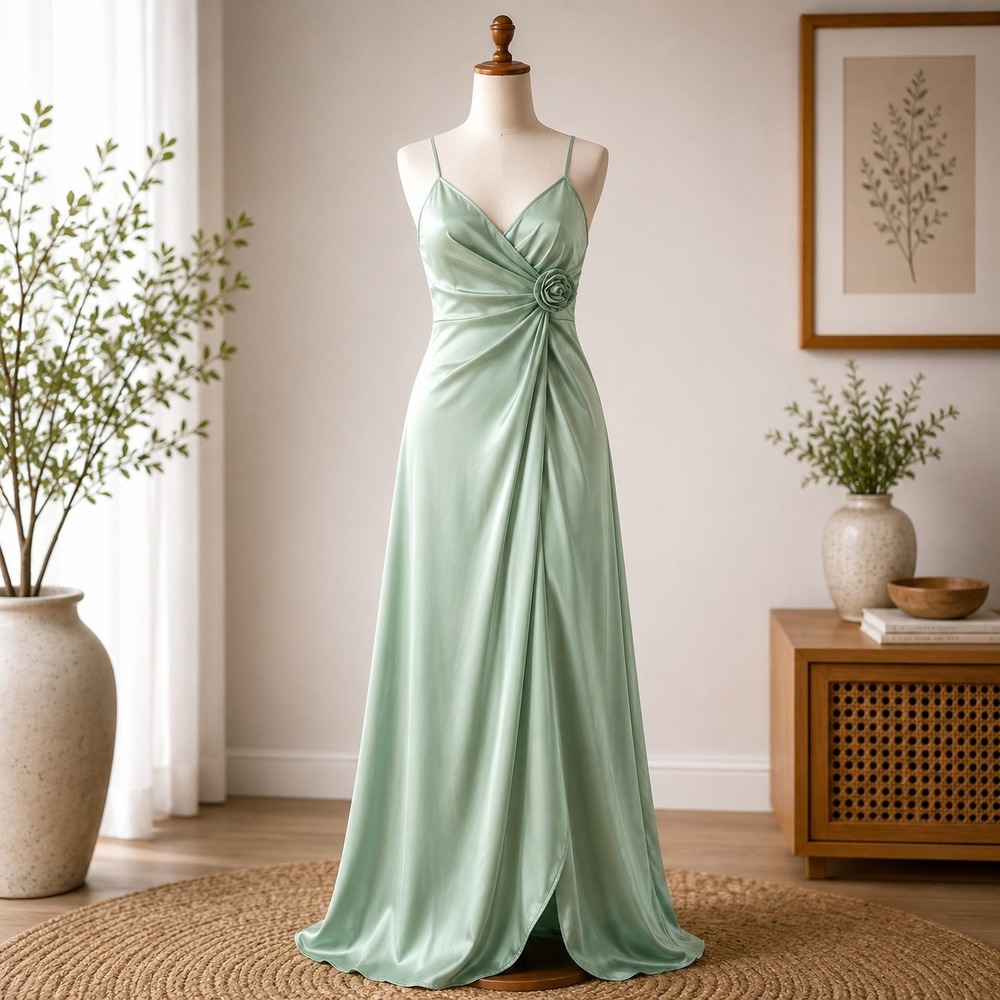 Zara Satin Rosette Maxi Dress Womens XS Green V-Neck Spaghetti Strap Formal